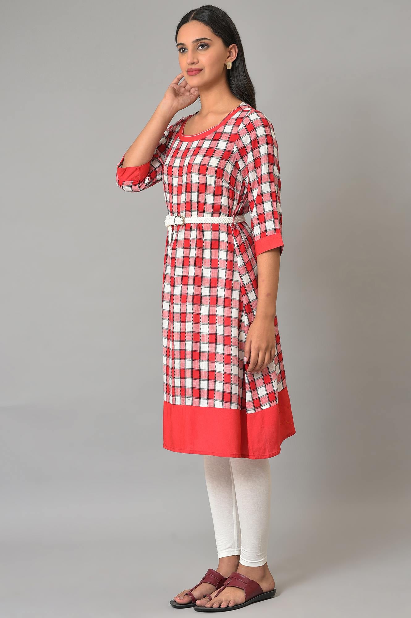 Red Checker Dobby kurta With Belt