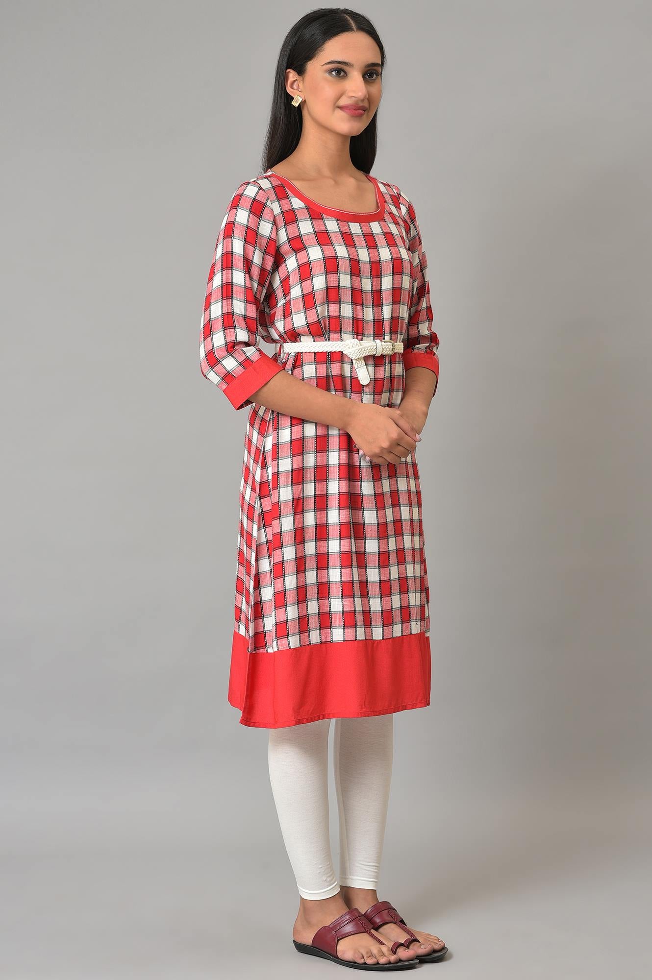 Red Checker Dobby kurta With Belt