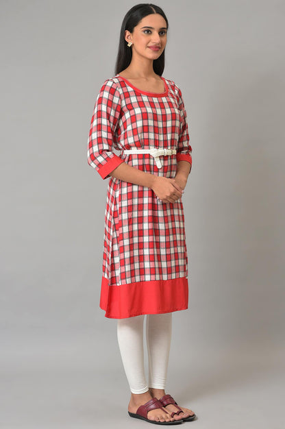 Red Checker Dobby kurta With Belt