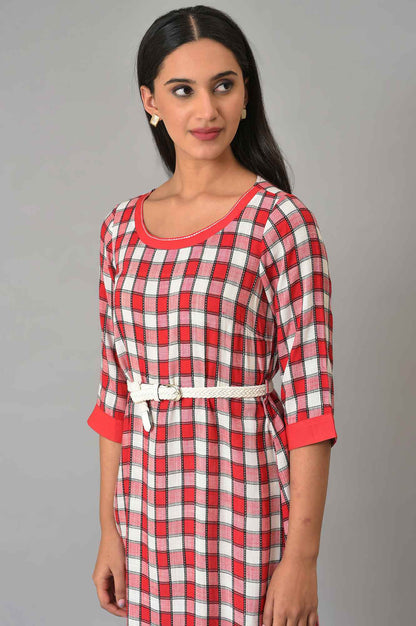 Red Checker Dobby kurta With Belt