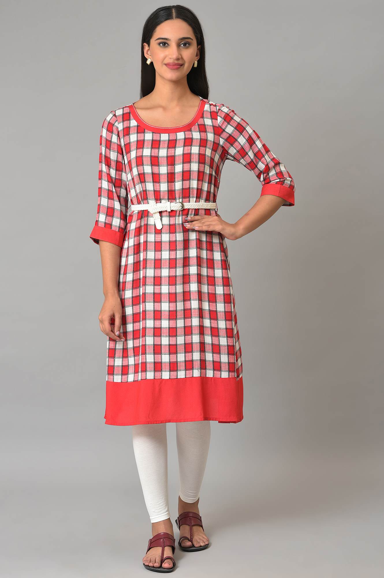 Red Checker Dobby kurta With Belt