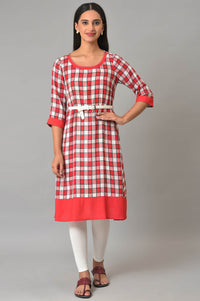 Red Checker Dobby kurta With Belt