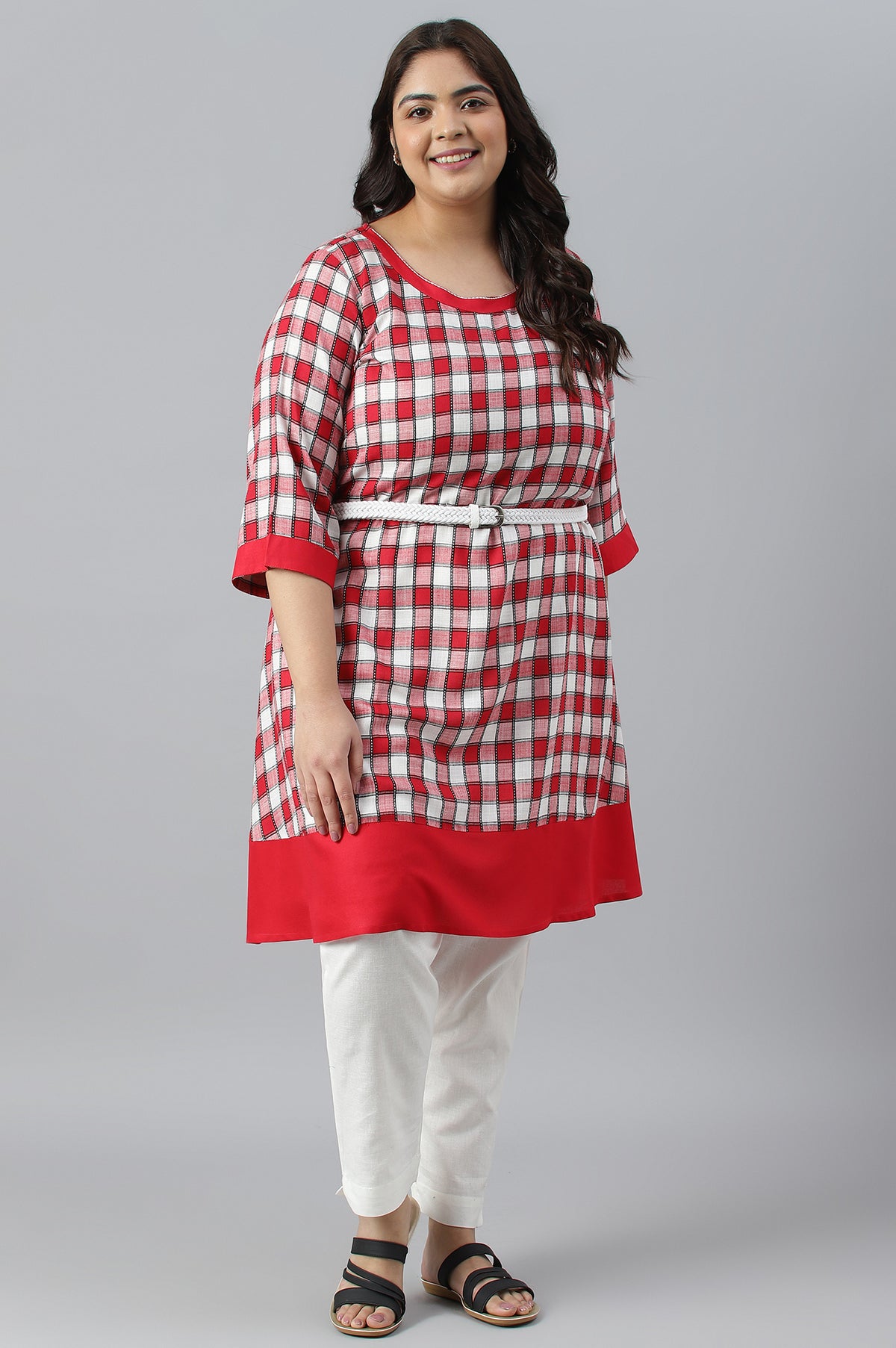 Red Checker Dobby Plus Size kurta With Belt - 3XL