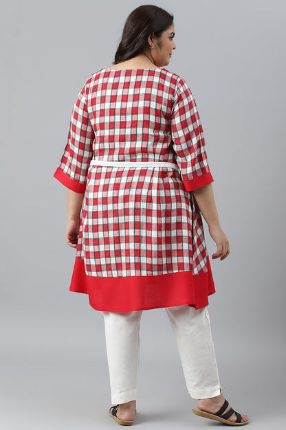 Red Checker Dobby Plus Size kurta With Belt