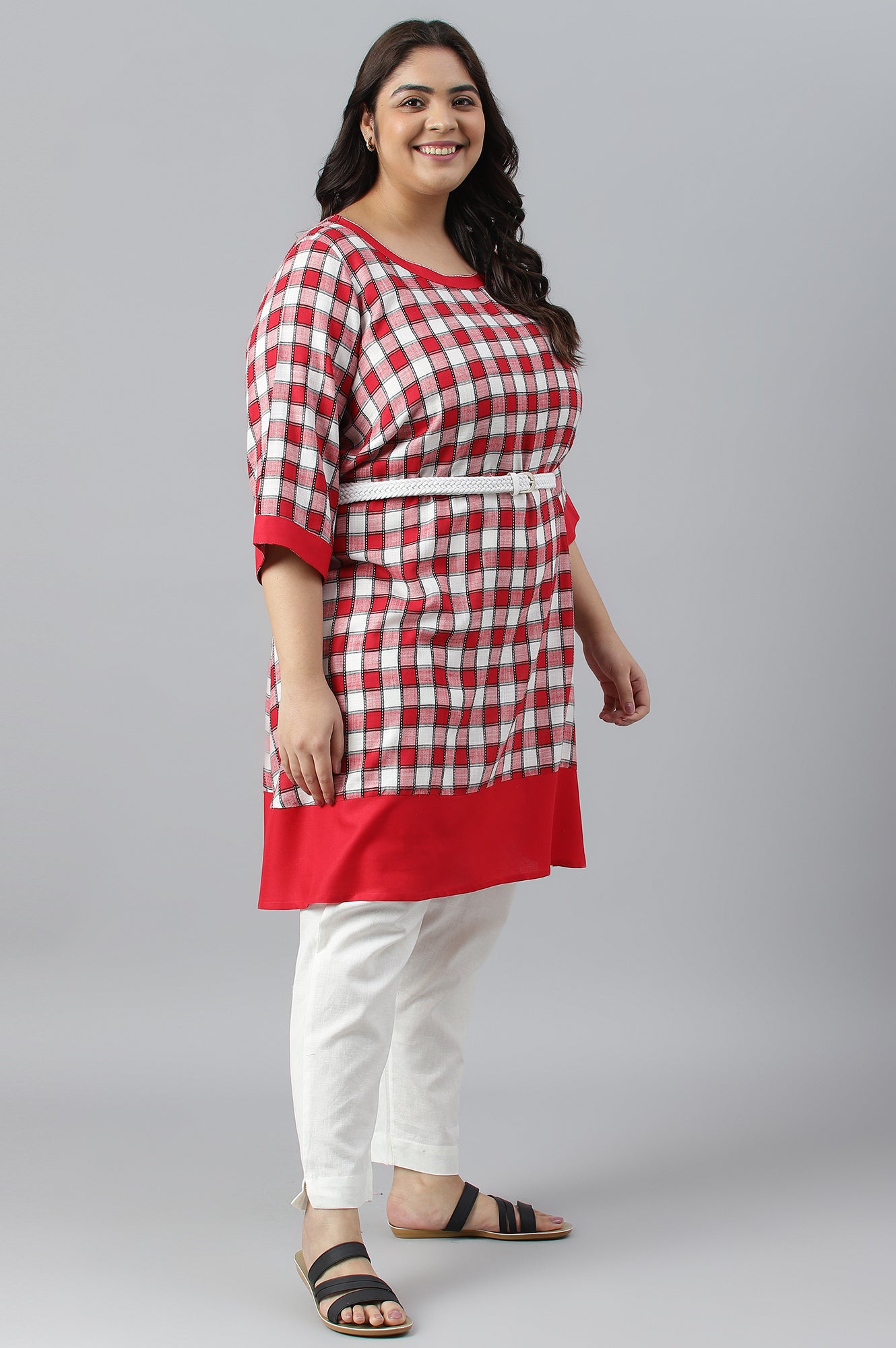 Red Checker Dobby Plus Size kurta With Belt