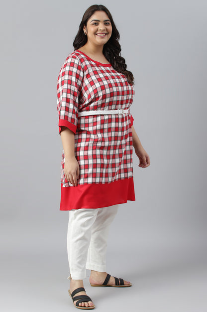 Red Checker Dobby Plus Size kurta With Belt