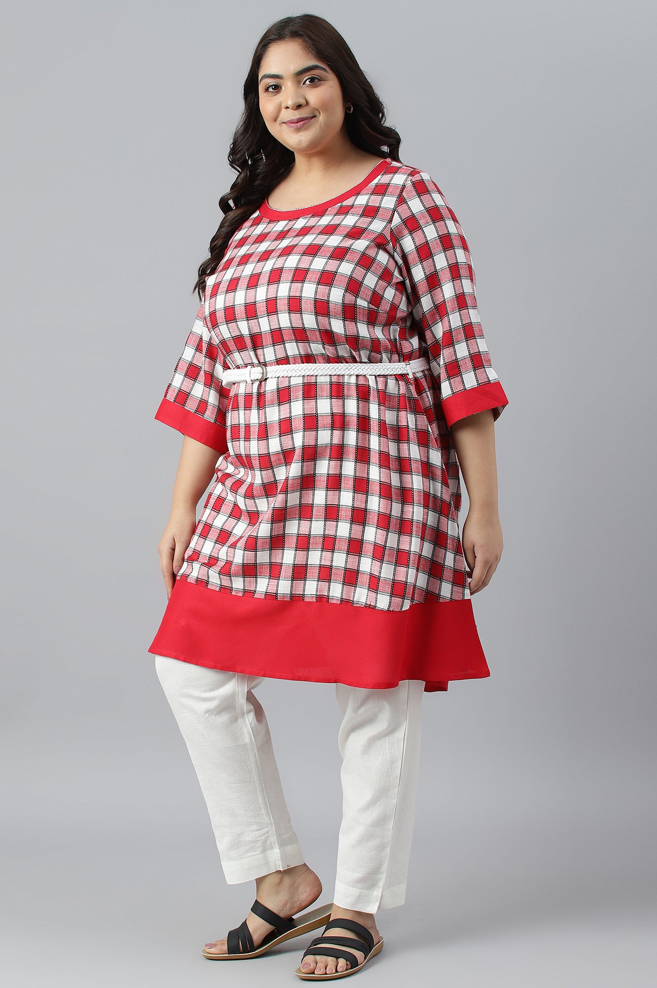 Red Checker Dobby Plus Size kurta With Belt