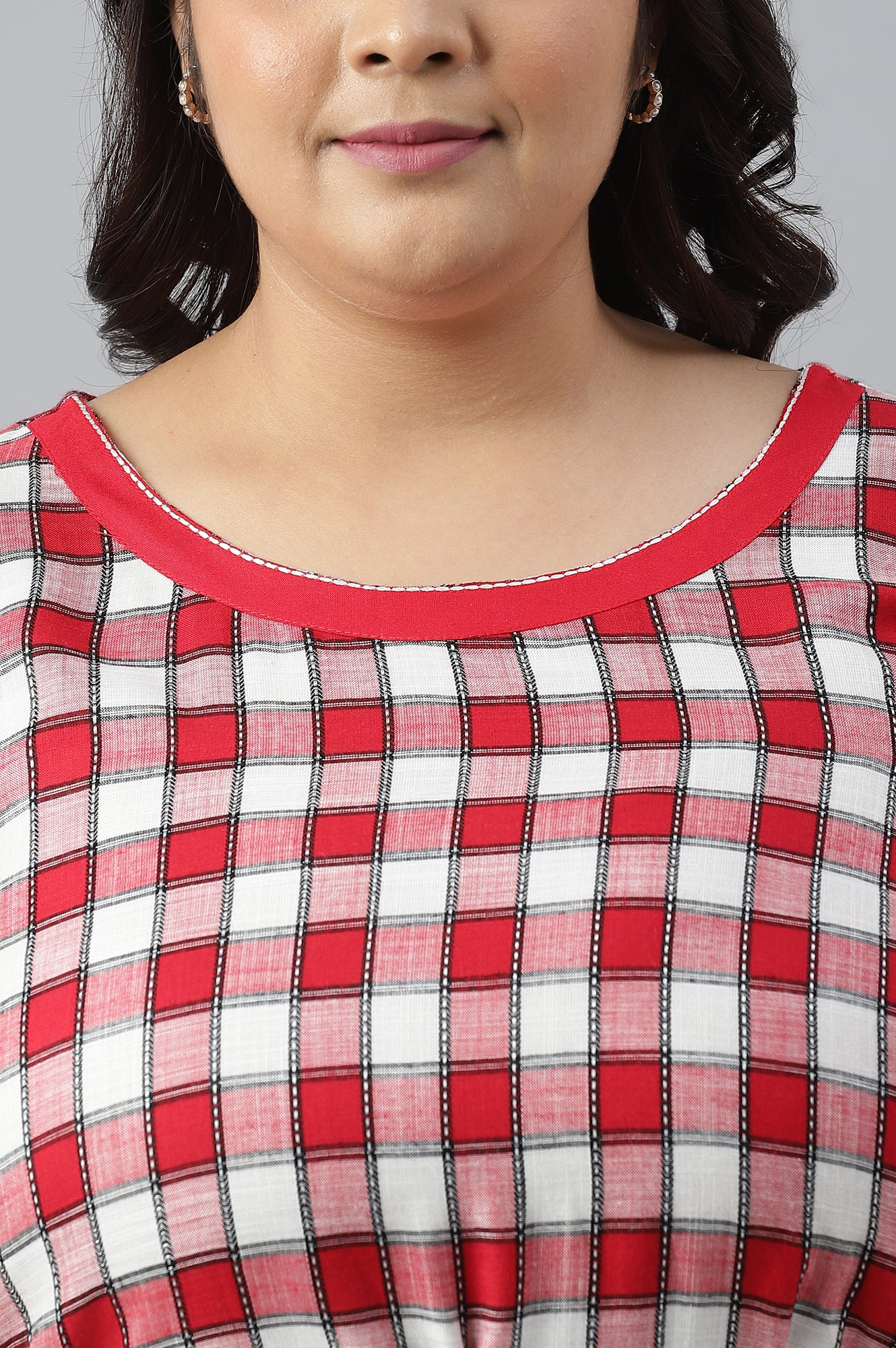 Red Checker Dobby Plus Size kurta With Belt