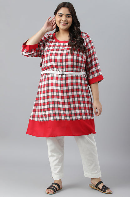 Red Checker Dobby Plus Size kurta With Belt