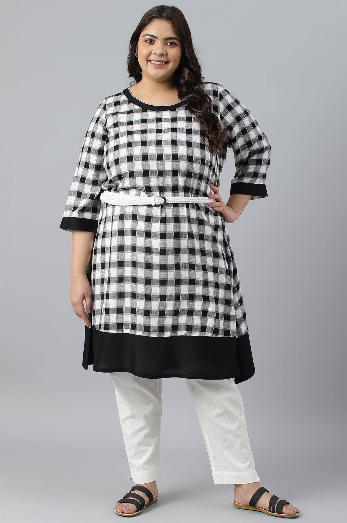 Black Checker Dobby Plus Size kurta With Belt - 3XL