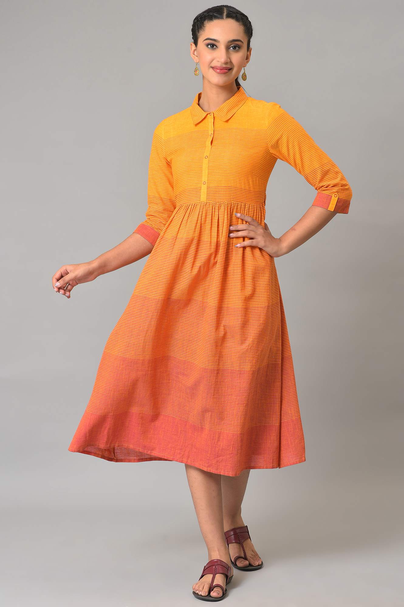 Orange Ombre Shirt Collar Summer Dress