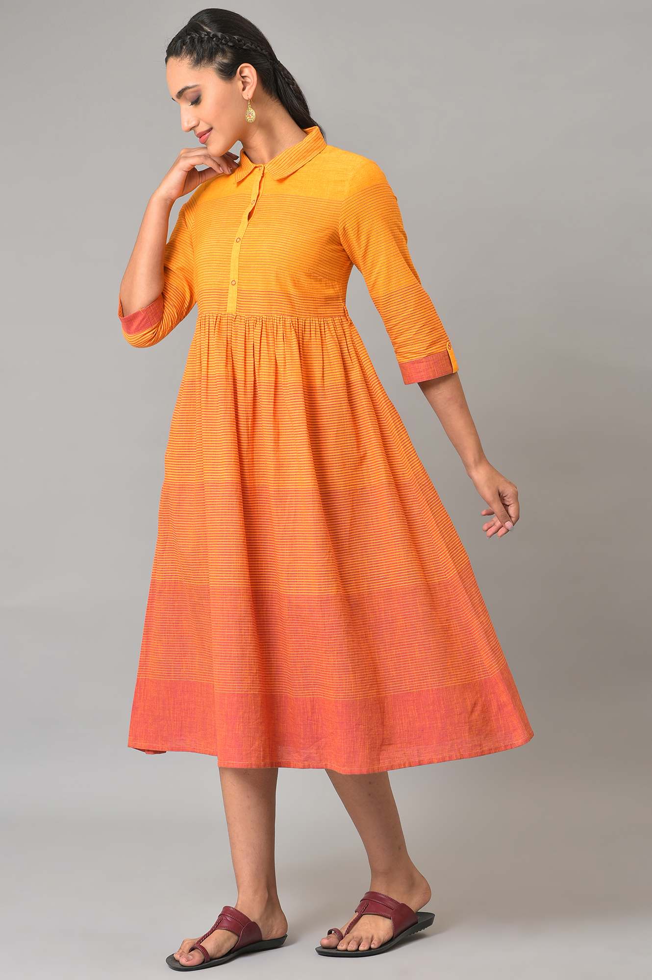 Orange Ombre Shirt Collar Summer Dress