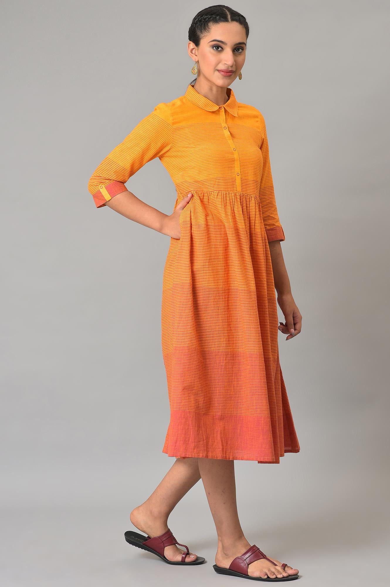 Orange Ombre Shirt Collar Summer Dress