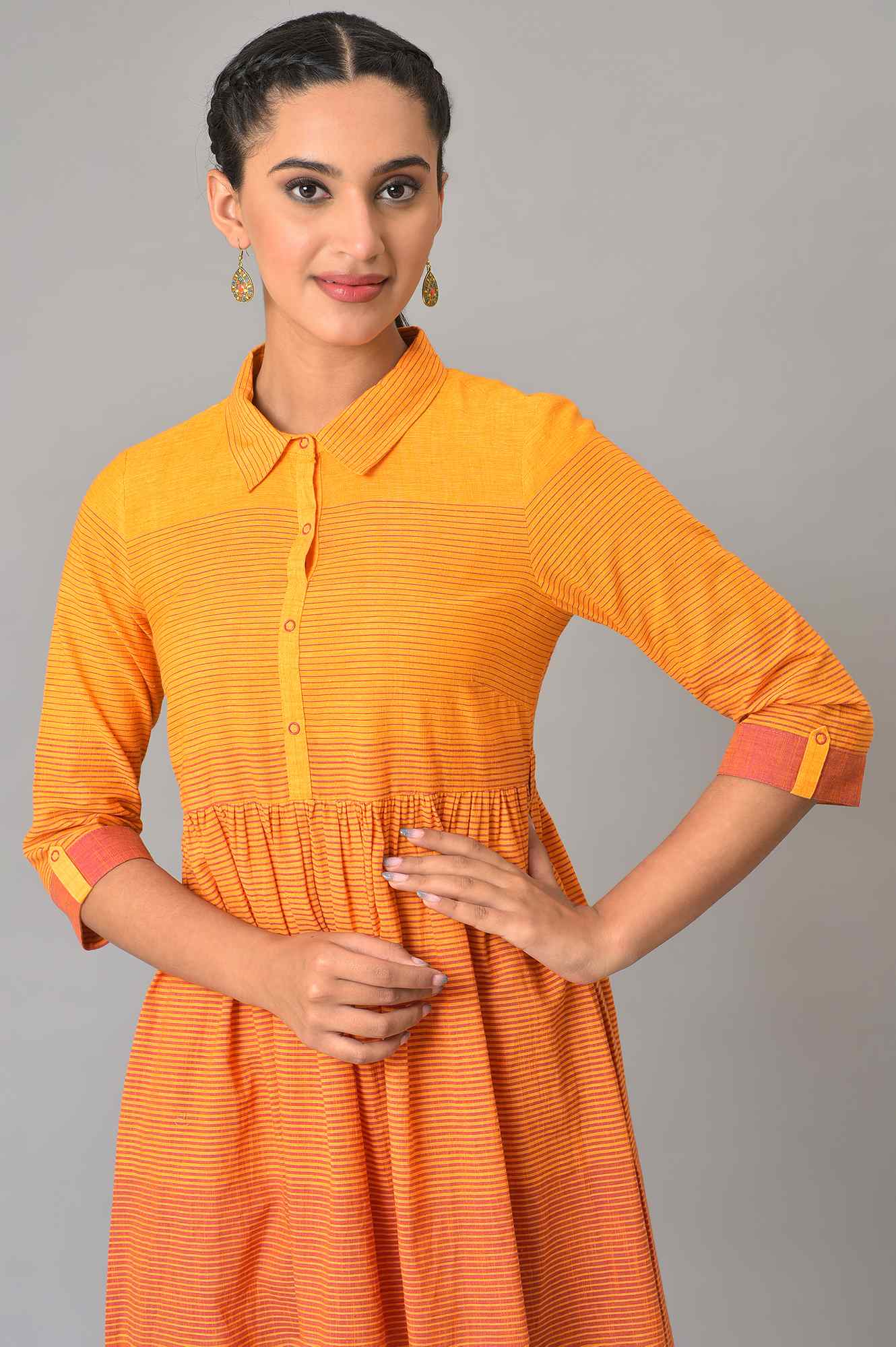 Orange Ombre Shirt Collar Summer Dress