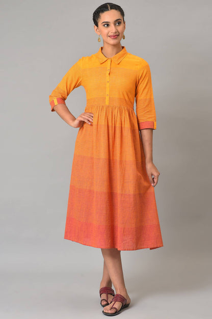 Orange Ombre Shirt Collar Summer Dress