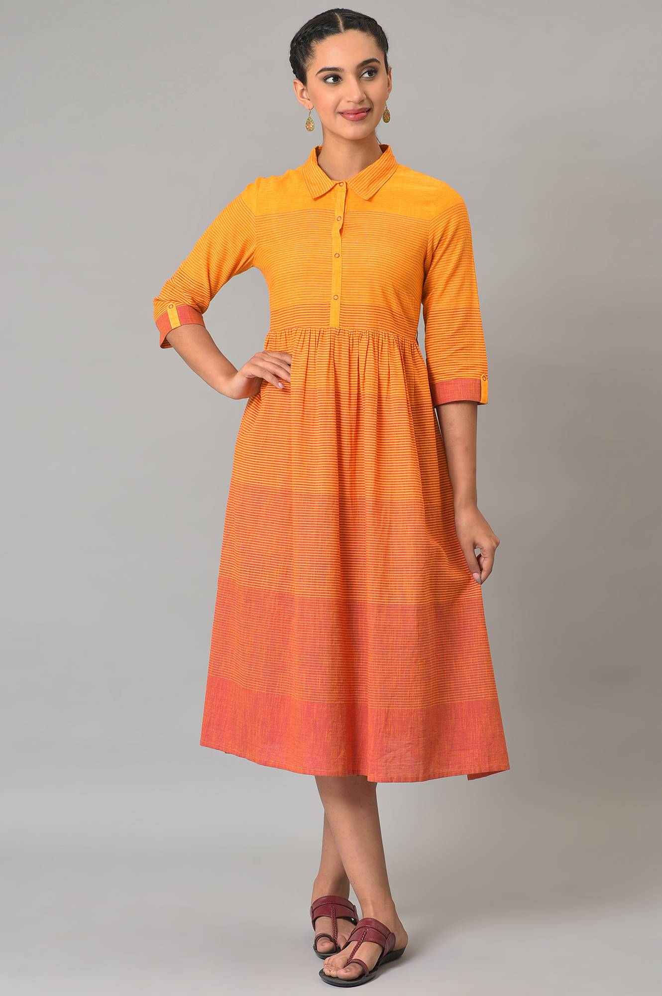 Orange Ombre Shirt Collar Summer Plus Size Dress