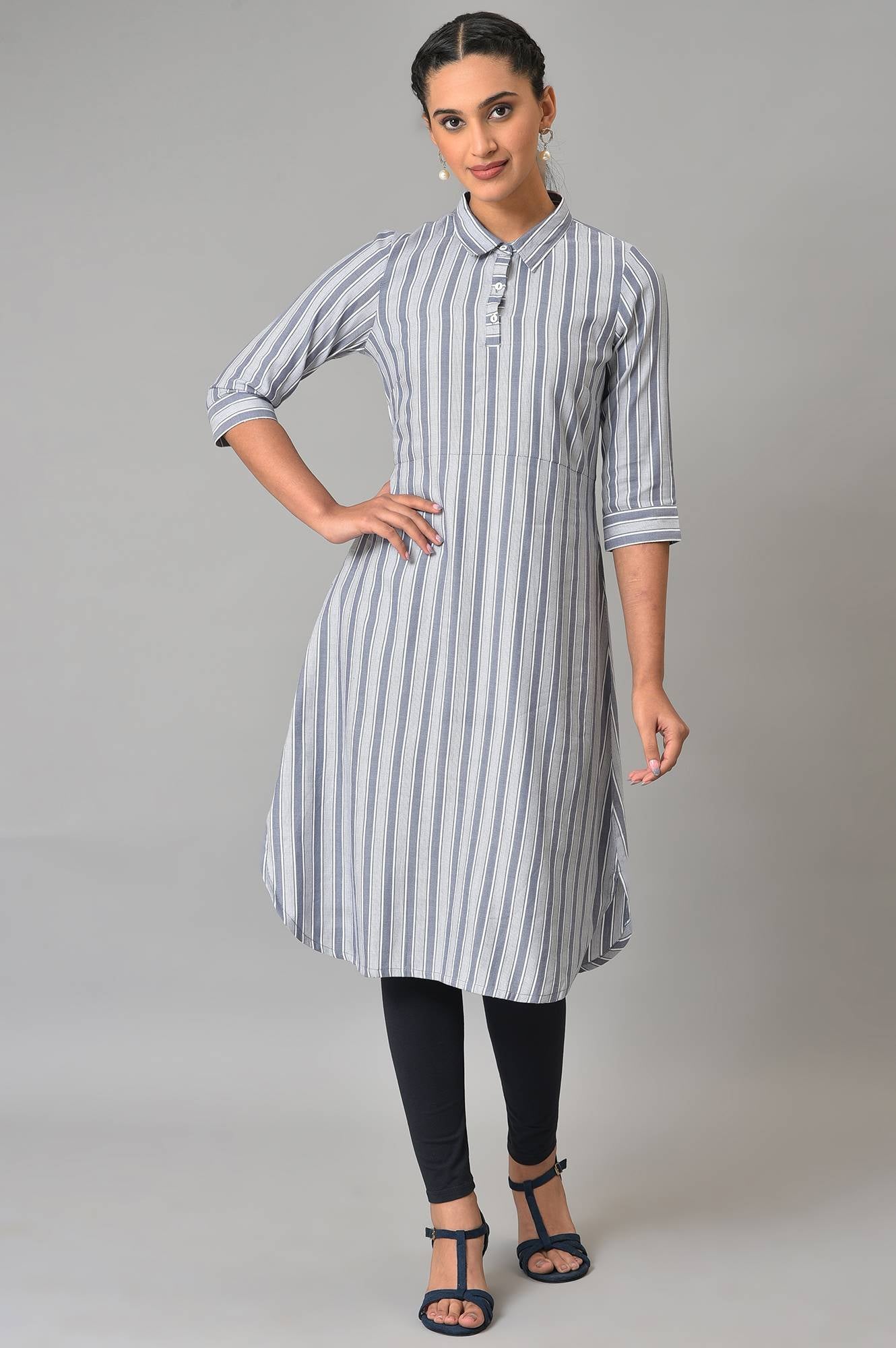 Blue Stripe Print Shirt Collar kurta