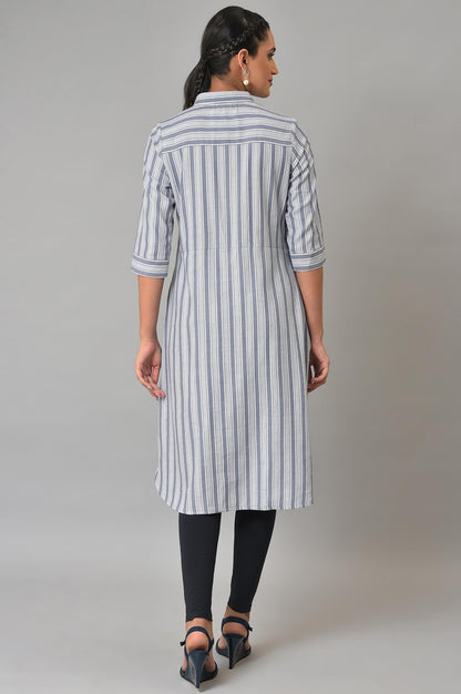 Blue Stripe Print Shirt Collar kurta