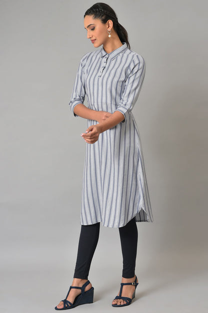 Blue Stripe Print Shirt Collar kurta