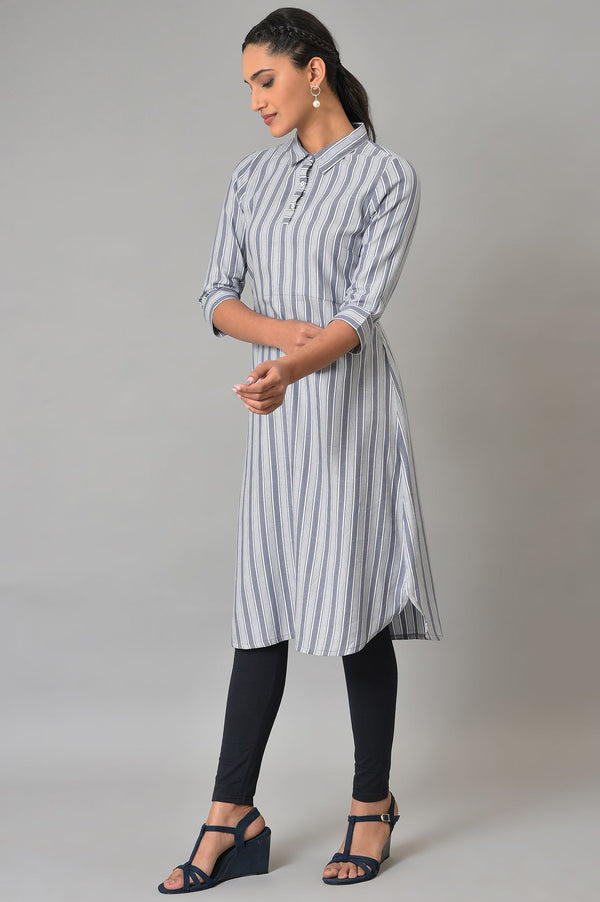 Blue Stripe Print Shirt Collar kurta