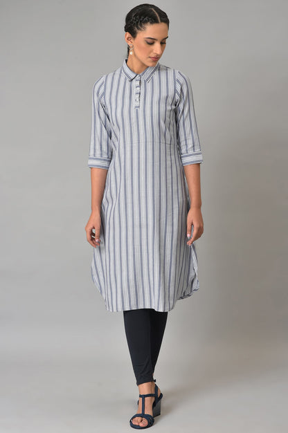 Blue Stripe Print Shirt Collar kurta