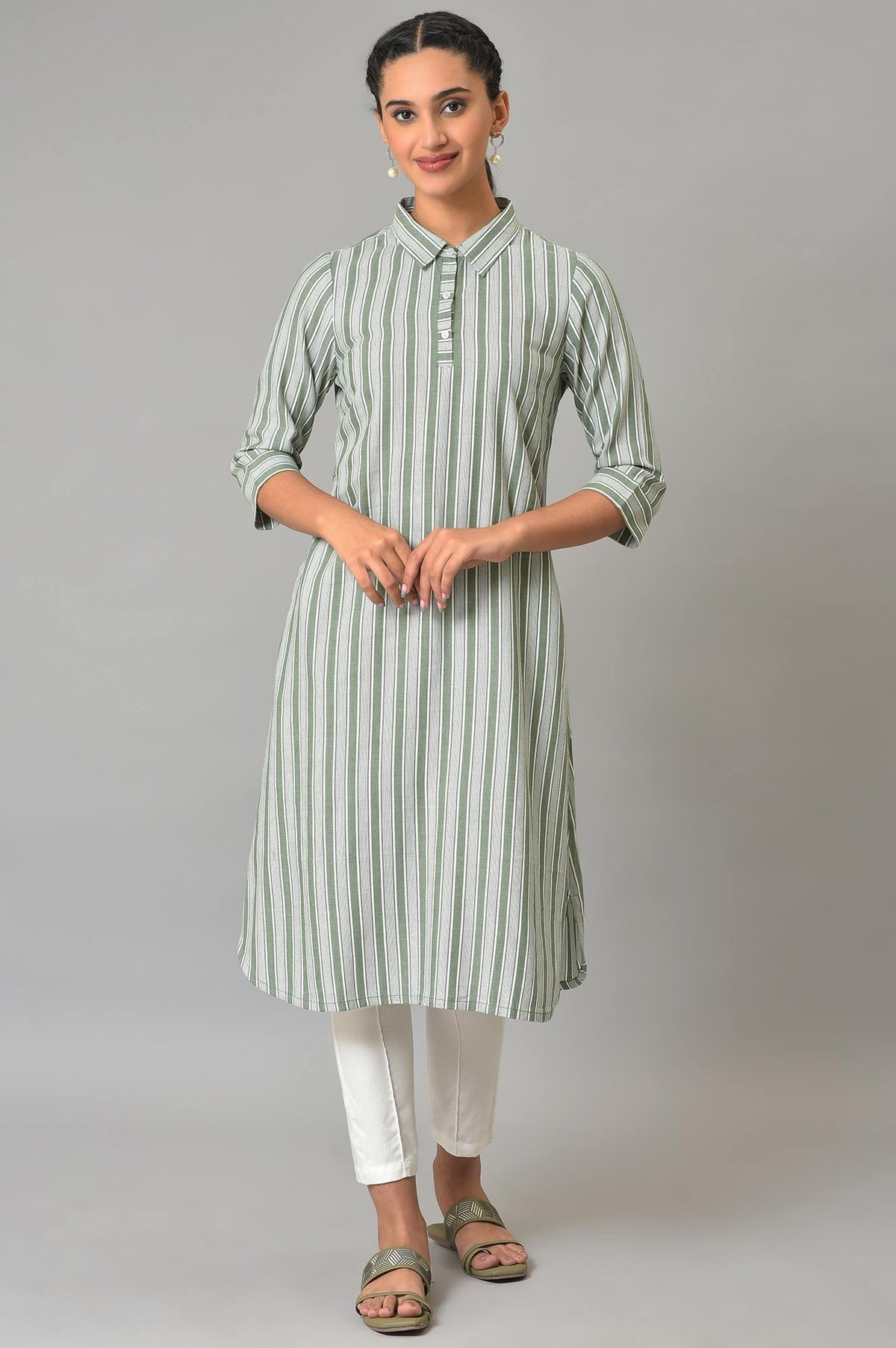 Green Stripe Print Shirt Collar Kurta - XS
