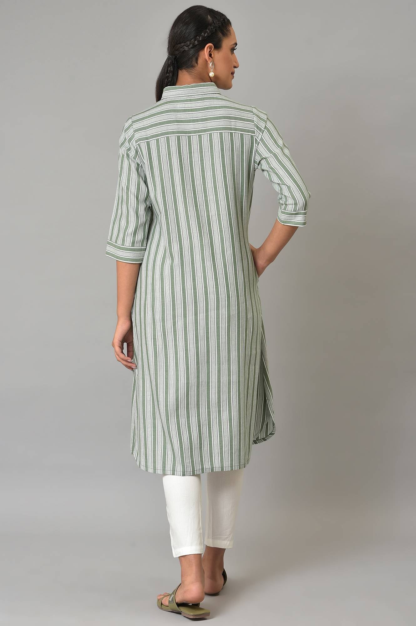 Green Stripe Print Shirt Collar kurta