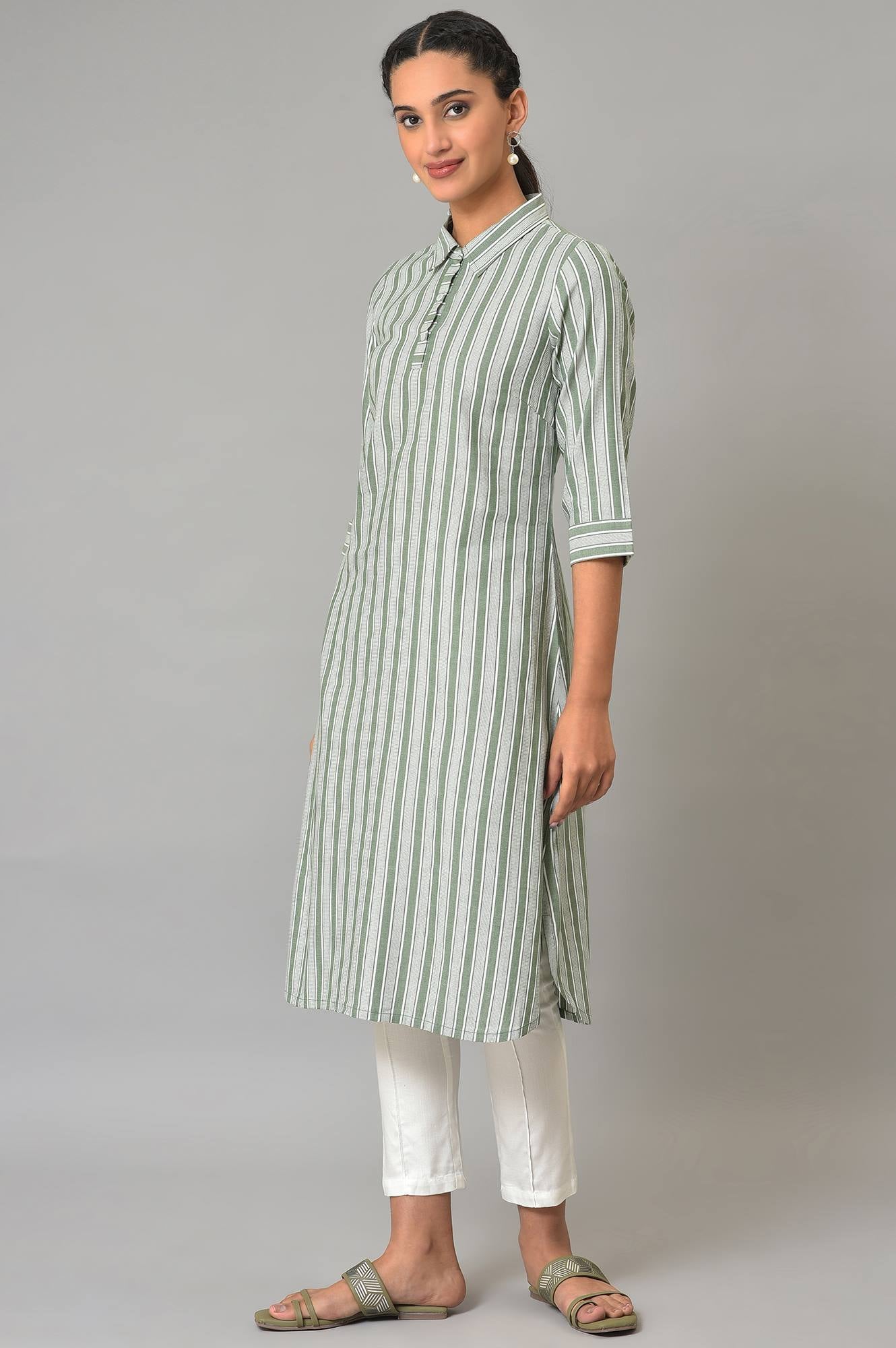 Green Stripe Print Shirt Collar kurta