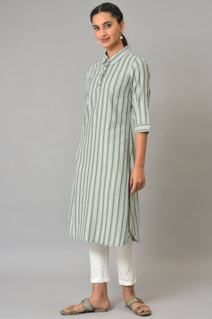 Green Stripe Print Shirt Collar kurta