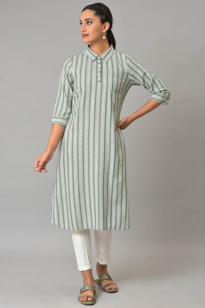 Green Stripe Print Shirt Collar kurta