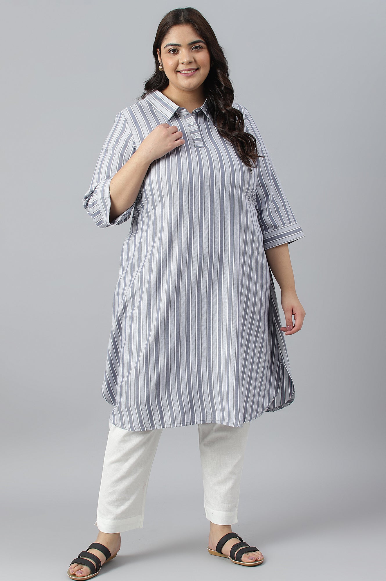 Blue Stripe Print Shirt Collar Plus Size kurta