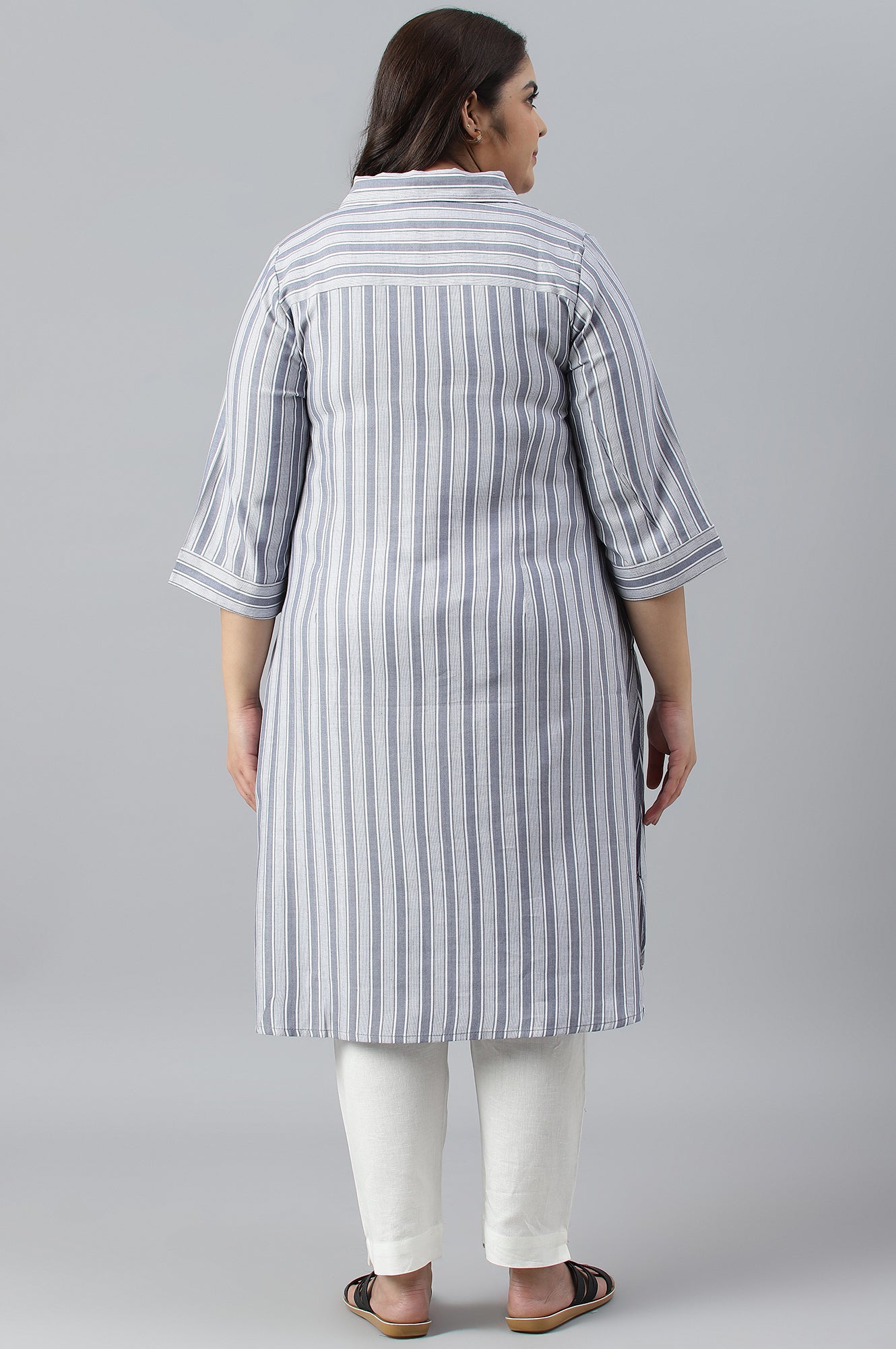 Blue Stripe Print Shirt Collar Plus Size kurta