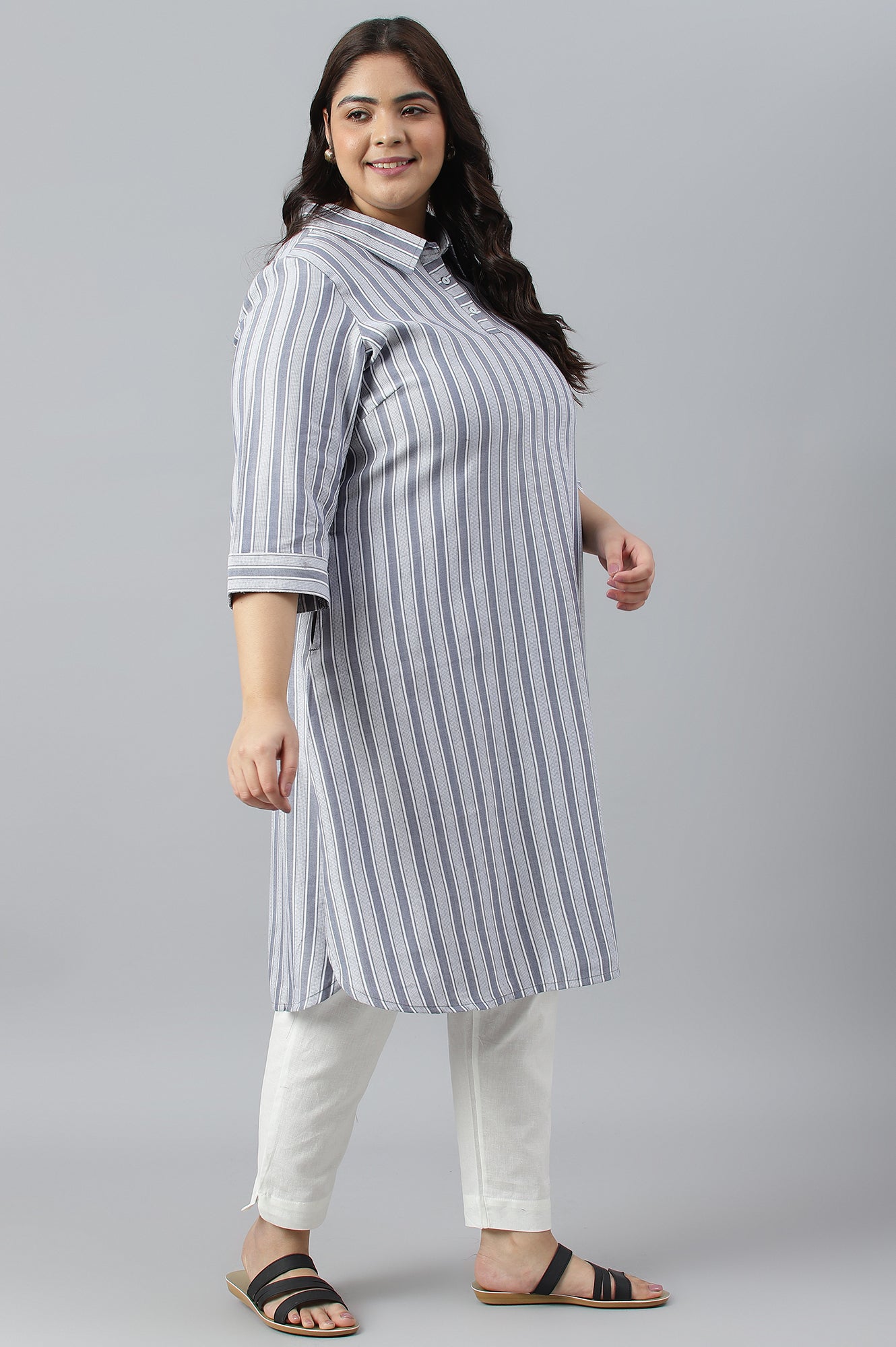 Blue Stripe Print Shirt Collar Plus Size kurta