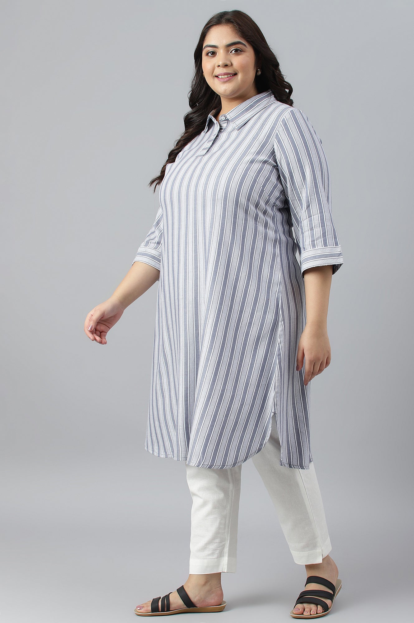 Blue Stripe Print Shirt Collar Plus Size kurta