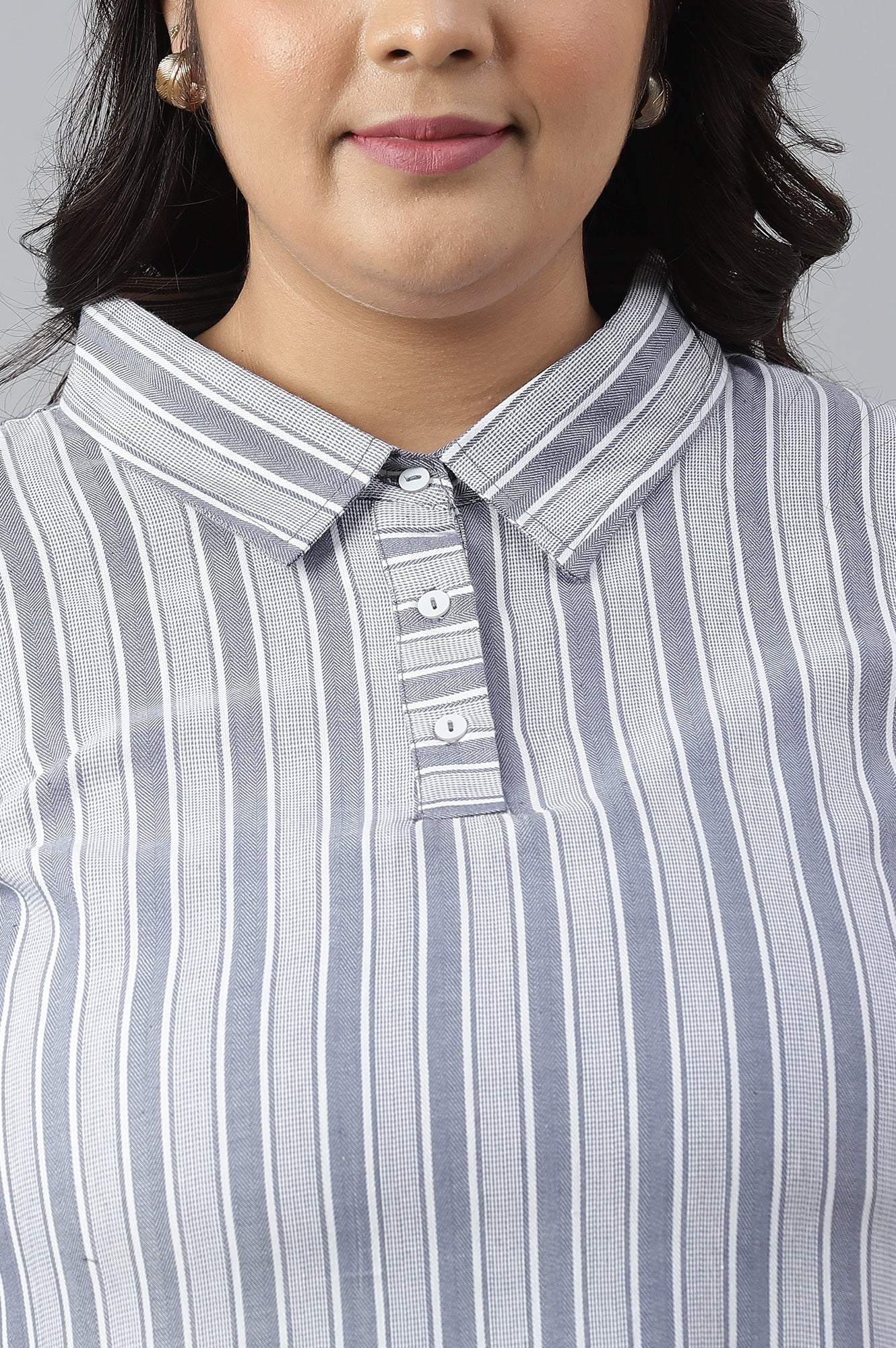 Blue Stripe Print Shirt Collar Plus Size kurta