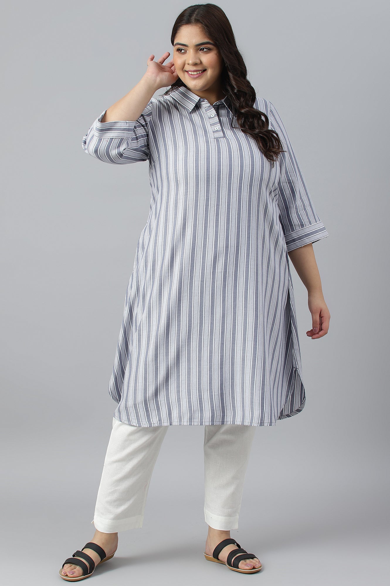 Blue Stripe Print Shirt Collar Plus Size kurta