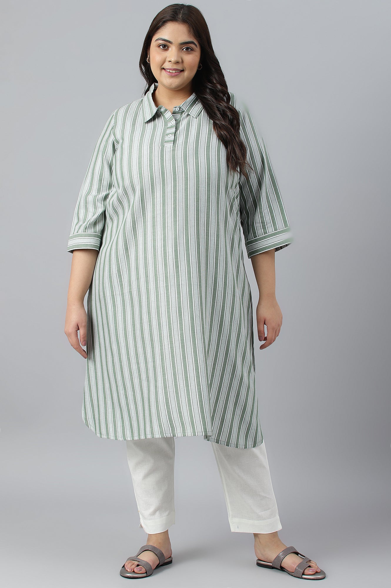 Green Stripe Print Plus Size Shirt Collar kurta