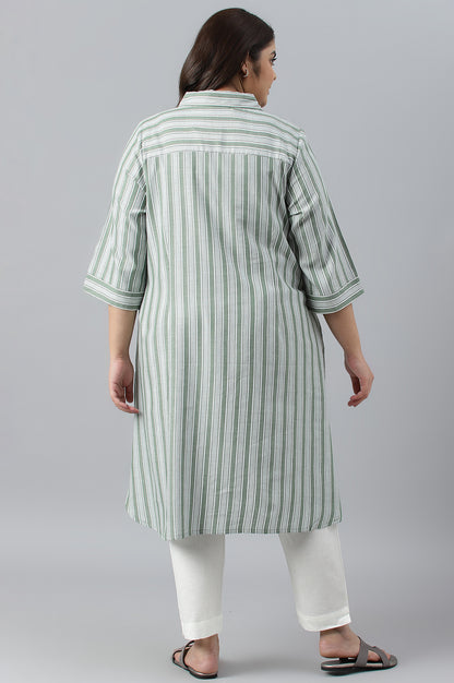 Green Stripe Print Plus Size Shirt Collar kurta