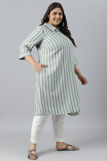 Green Stripe Print Plus Size Shirt Collar kurta