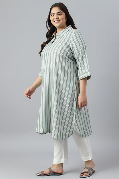 Green Stripe Print Plus Size Shirt Collar kurta