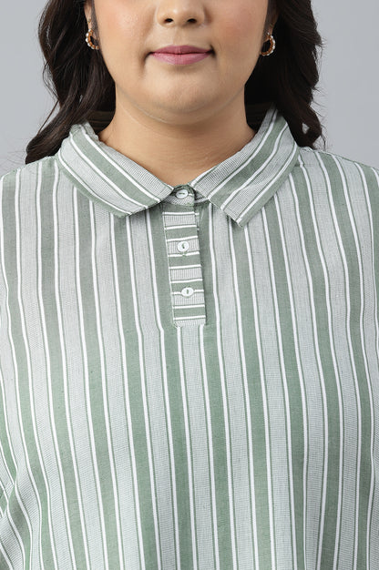 Green Stripe Print Plus Size Shirt Collar kurta