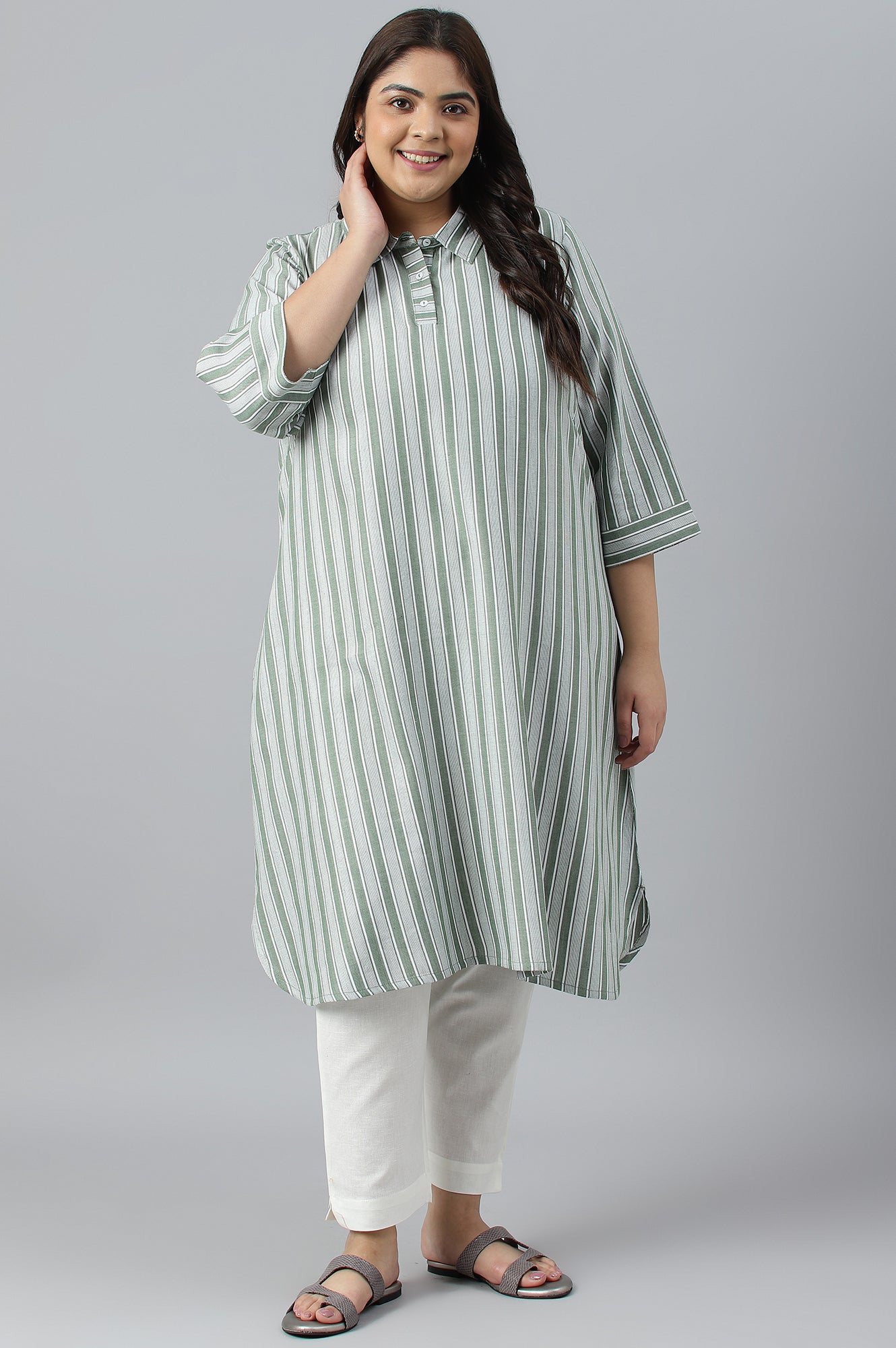 Green Stripe Print Plus Size Shirt Collar kurta