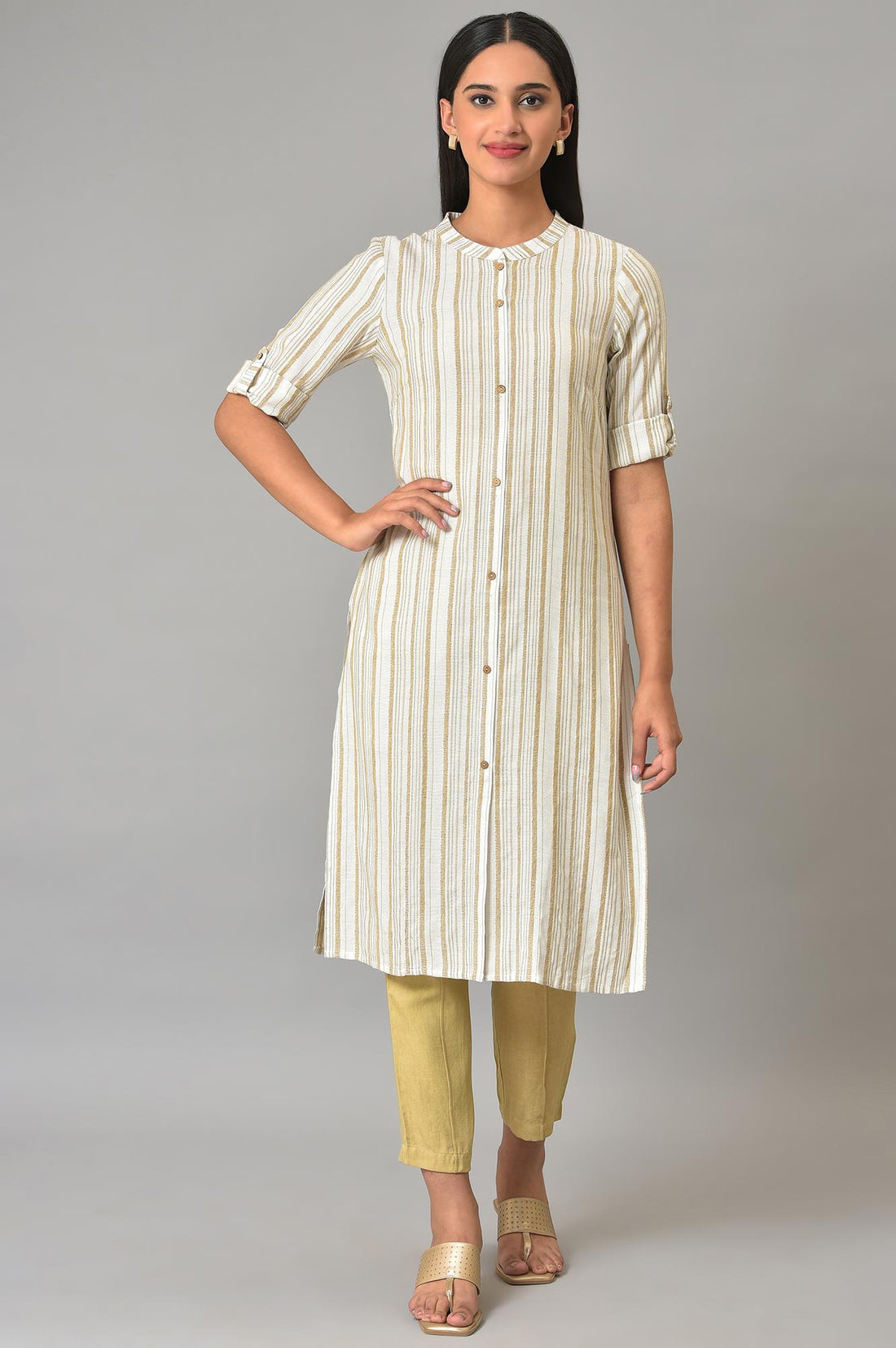Beige Stripe Printed kurta In Mandarin Collar