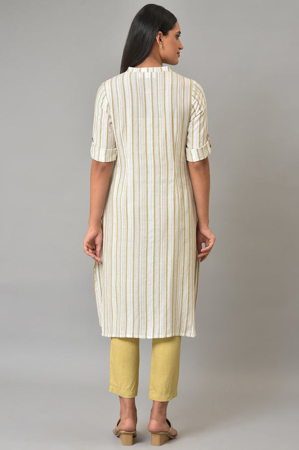Beige Stripe Printed kurta In Mandarin Collar