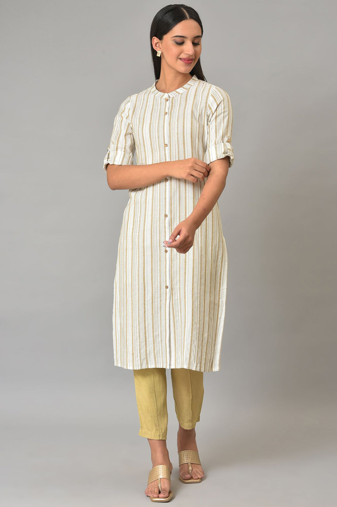 Beige Stripe Printed kurta In Mandarin Collar