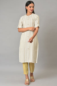 Beige Stripe Printed kurta In Mandarin Collar