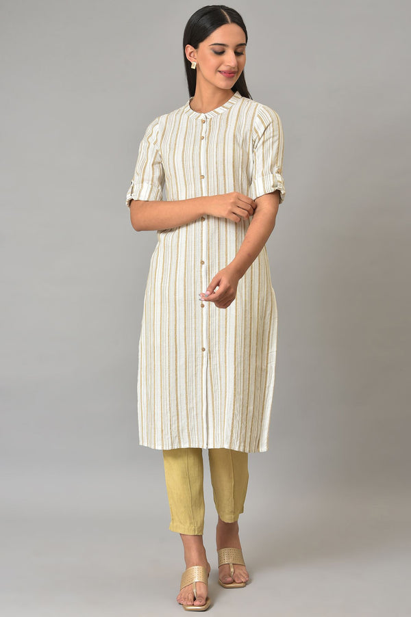 Beige Stripe Printed kurta In Mandarin Collar