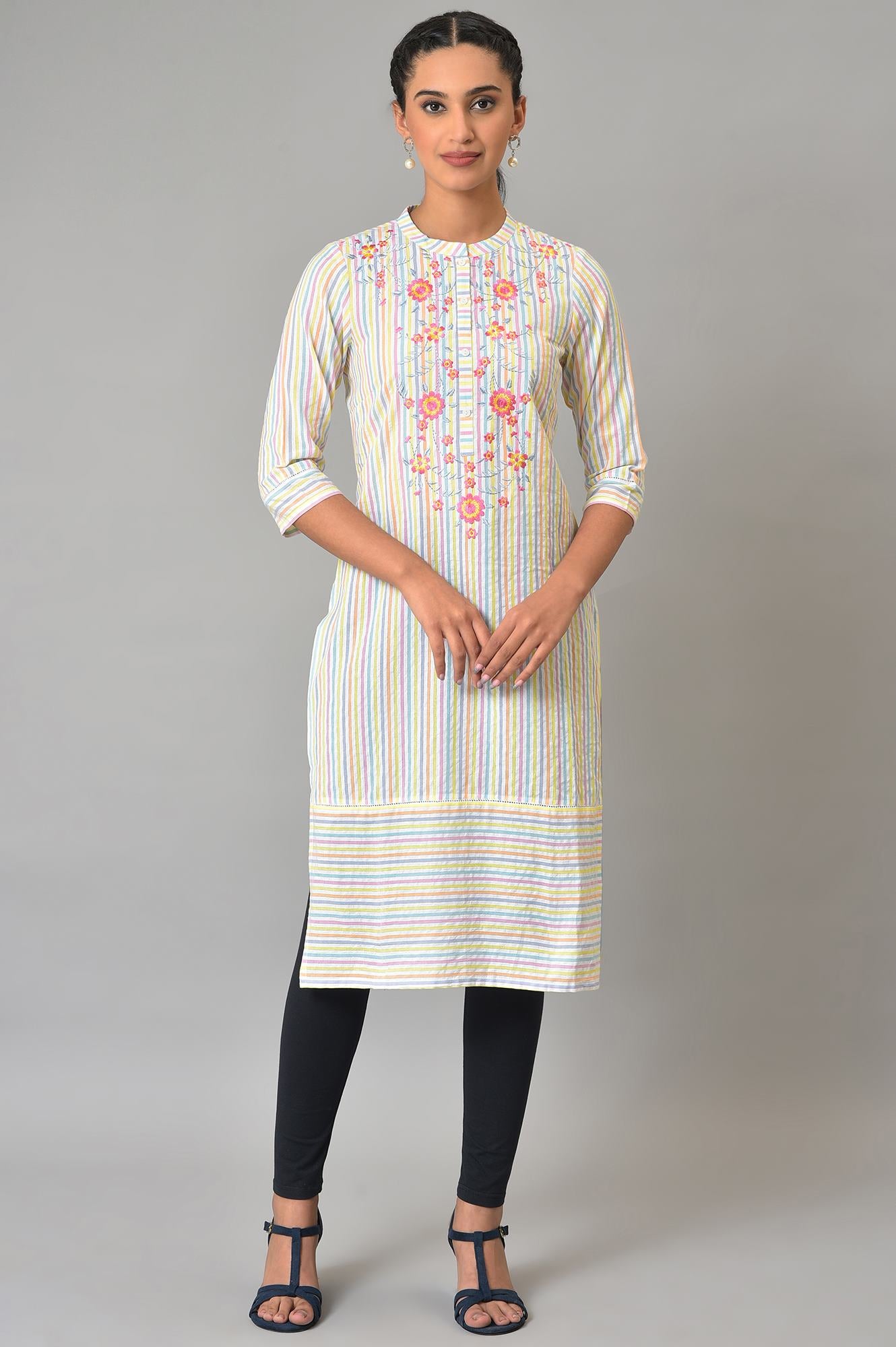 Multi-Coloured Stripe Printed Embroidered kurta