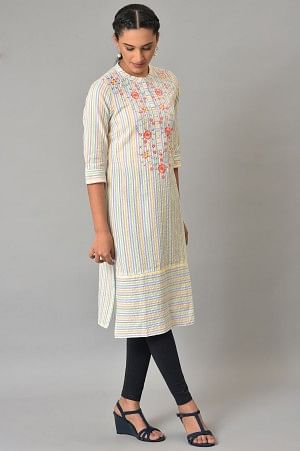 Multi-Coloured Stripe Printed Embroidered Kurta