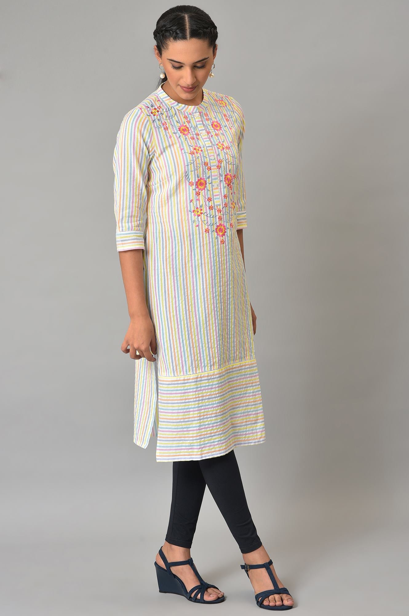 Multi-Coloured Stripe Printed Embroidered kurta